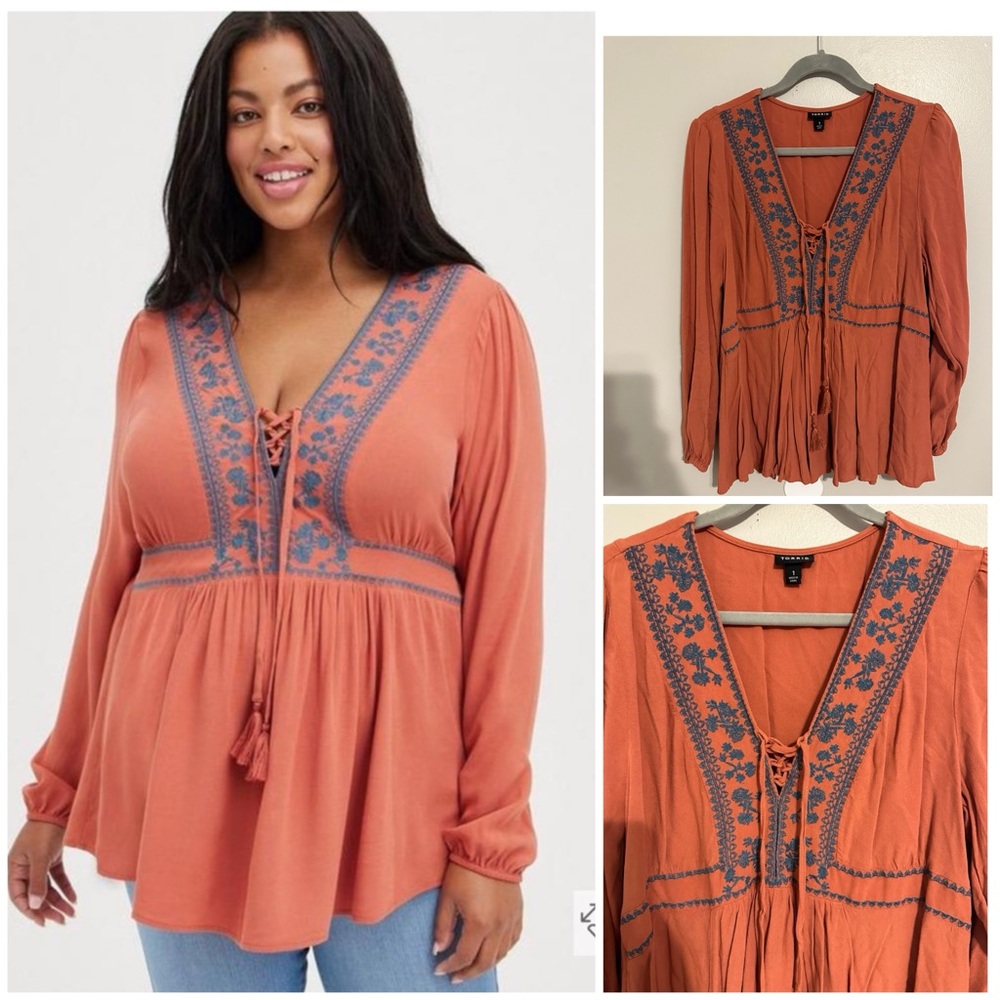 Torrid Babydoll Rayon Crepe Embroidered Lace-Up Top